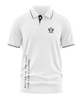 White men's polo t-shirt with black trim, army crest logo, and 'Better to die than live like a coward' text.