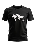 Black men's t-shirt with white graphic of a soldier riding a horse over world map