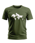 Olive green men's t-shirt with white army soldier and world map graphic print