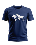 Navy blue men's t-shirt with white soldier riding horse silhouette over world map print