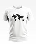 White men's t-shirt with black soldier silhouette and world map graphic