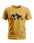 Yellow men’s t-shirt with black world map and soldier on horse graphic print, front view