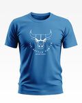 Blue men's t-shirt with bull head graphic and 'The Battle Hunter Ground Troops' text print