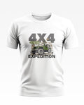 White men's T-shirt with 4x4 off-road expedition jeep graphic and bold text print