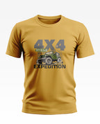 Yellow men's t-shirt featuring a green off-road jeep and '4X4 Expedition' graphic print.