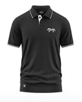 Black men's polo t-shirt with white piping, Gurkha text and crossed knife graphic on chest