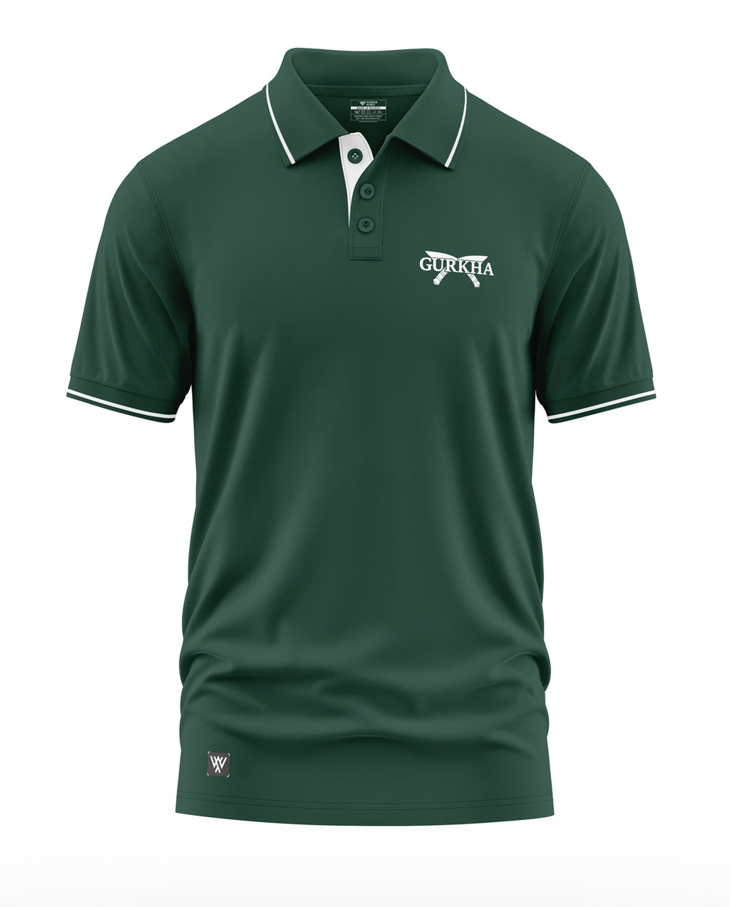 Green men's polo t-shirt with white piping, 'Gurkha' logo and crossed khukuris on chest