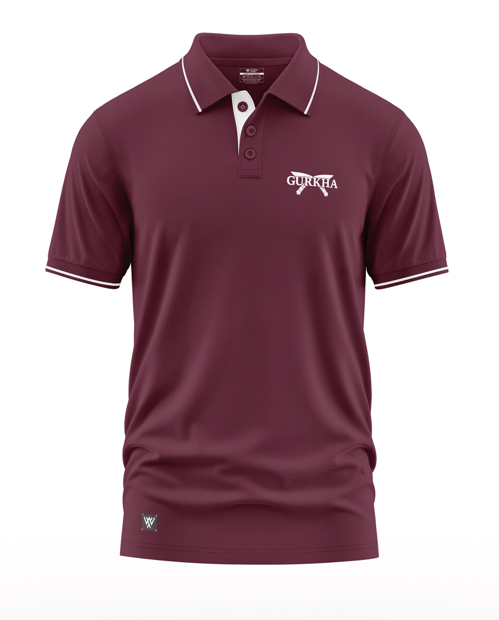 Maroon men's polo t-shirt with white piping, Gurkha logo and crossed khukuri design