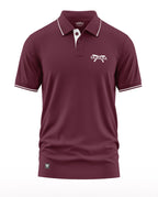 Maroon men's polo t-shirt with white piping, Gurkha logo and crossed khukuri design