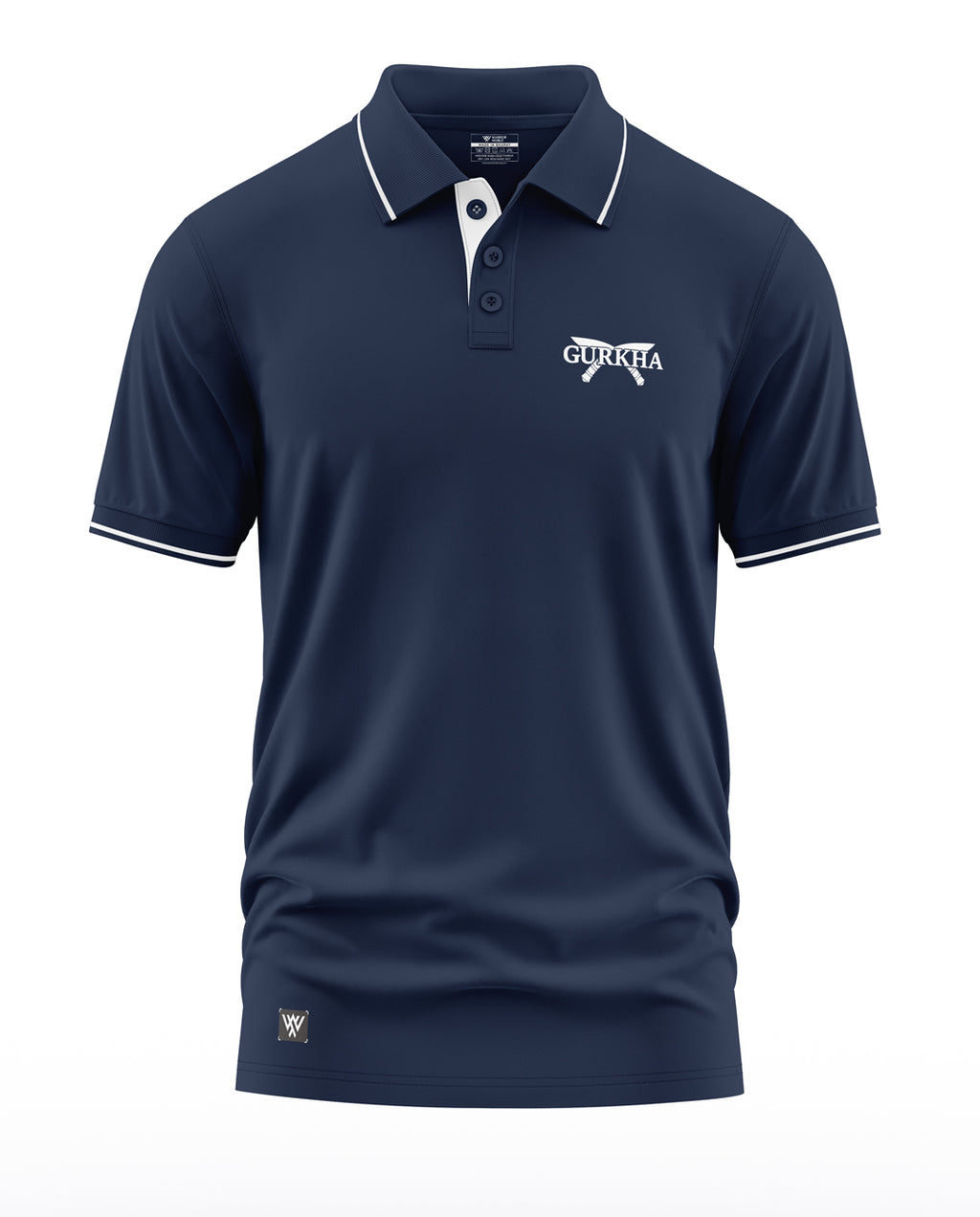 Navy blue men's polo t-shirt with white collar trim and Gurkha logo on chest
