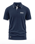 Navy blue men's polo t-shirt with white collar trim and Gurkha logo on chest