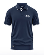 Navy blue men's polo t-shirt with white collar trim and Gurkha logo on chest