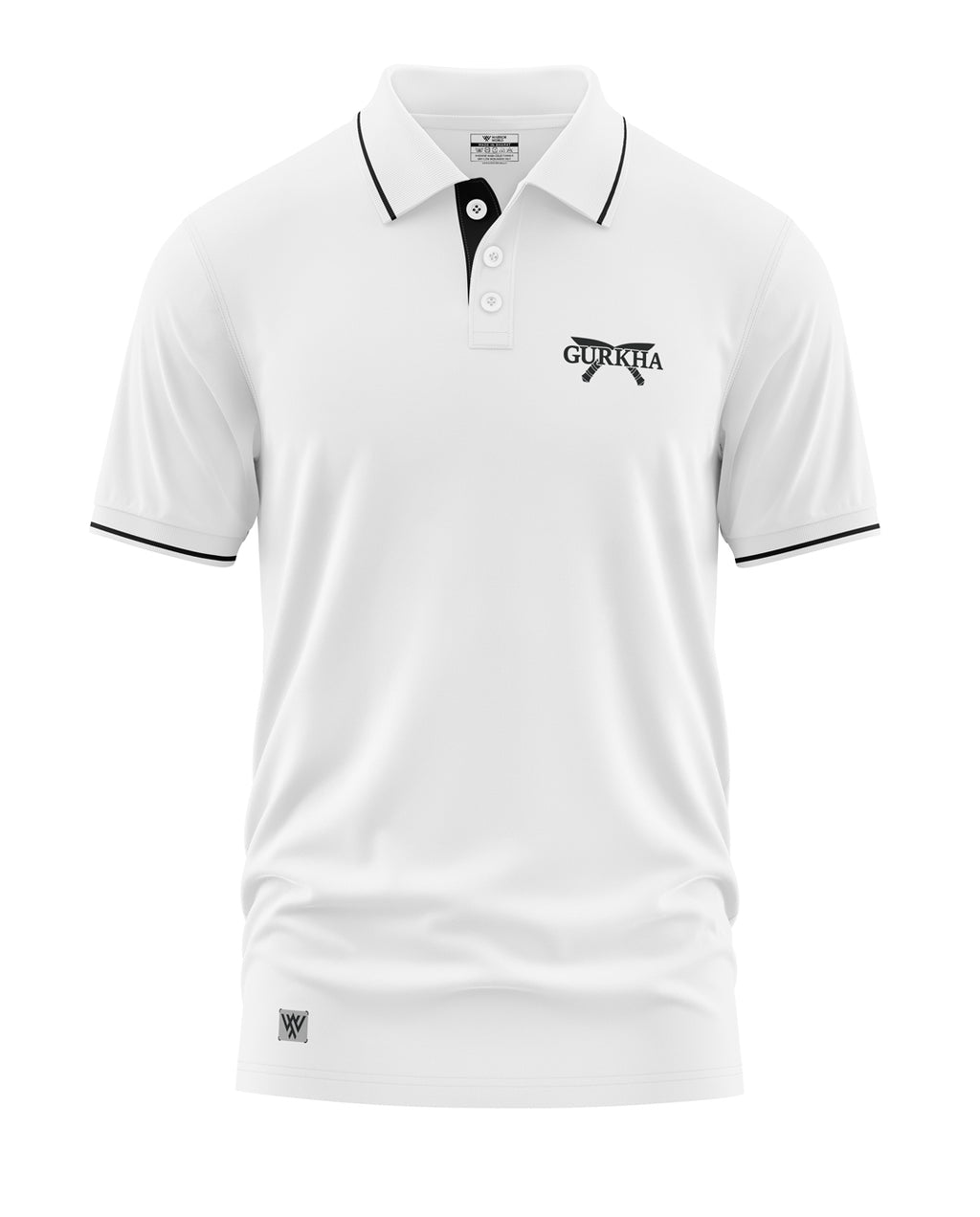 White men's polo t-shirt with black piping, 'Gurkha' logo, and short sleeves