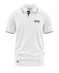 White men's polo t-shirt with black piping, 'Gurkha' logo, and short sleeves