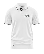 White men's polo t-shirt with black piping, 'Gurkha' logo, and short sleeves