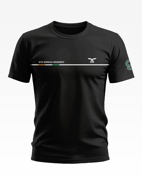 Black t-shirt with '9th Gorkha Regiment' text, white stripe, and regimental logo, men's fashion.