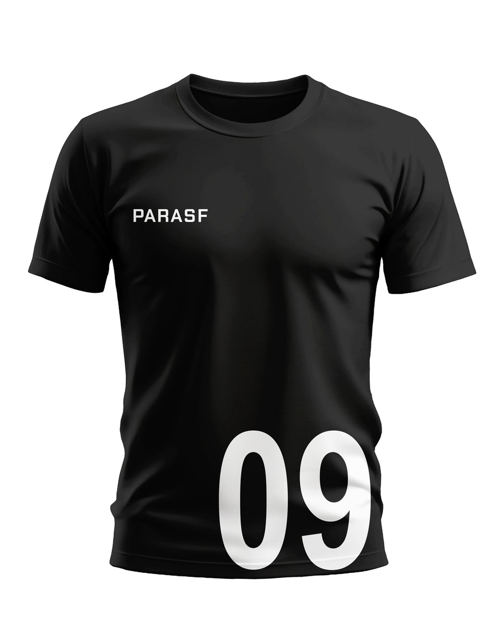 Black men's t-shirt with 'PARASF' text and large '09' number print, short sleeves