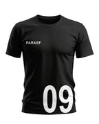 Black men's t-shirt with 'PARASF' text and large '09' number print, short sleeves