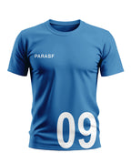 Blue men's t-shirt with PARASF text and large white 09 number on front, short sleeves