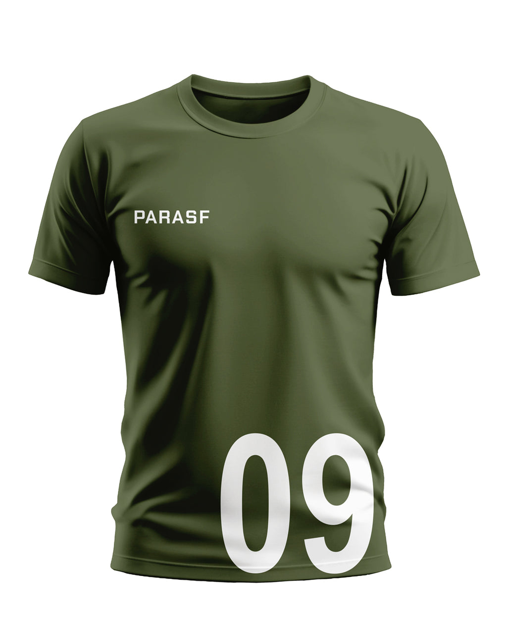 Olive green men's t-shirt with PARASF text and large white number 09 on front