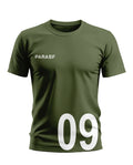 Olive green men's t-shirt with PARASF text and large white number 09 on front