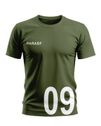 Olive green men's t-shirt with PARASF text and large white number 09 on front