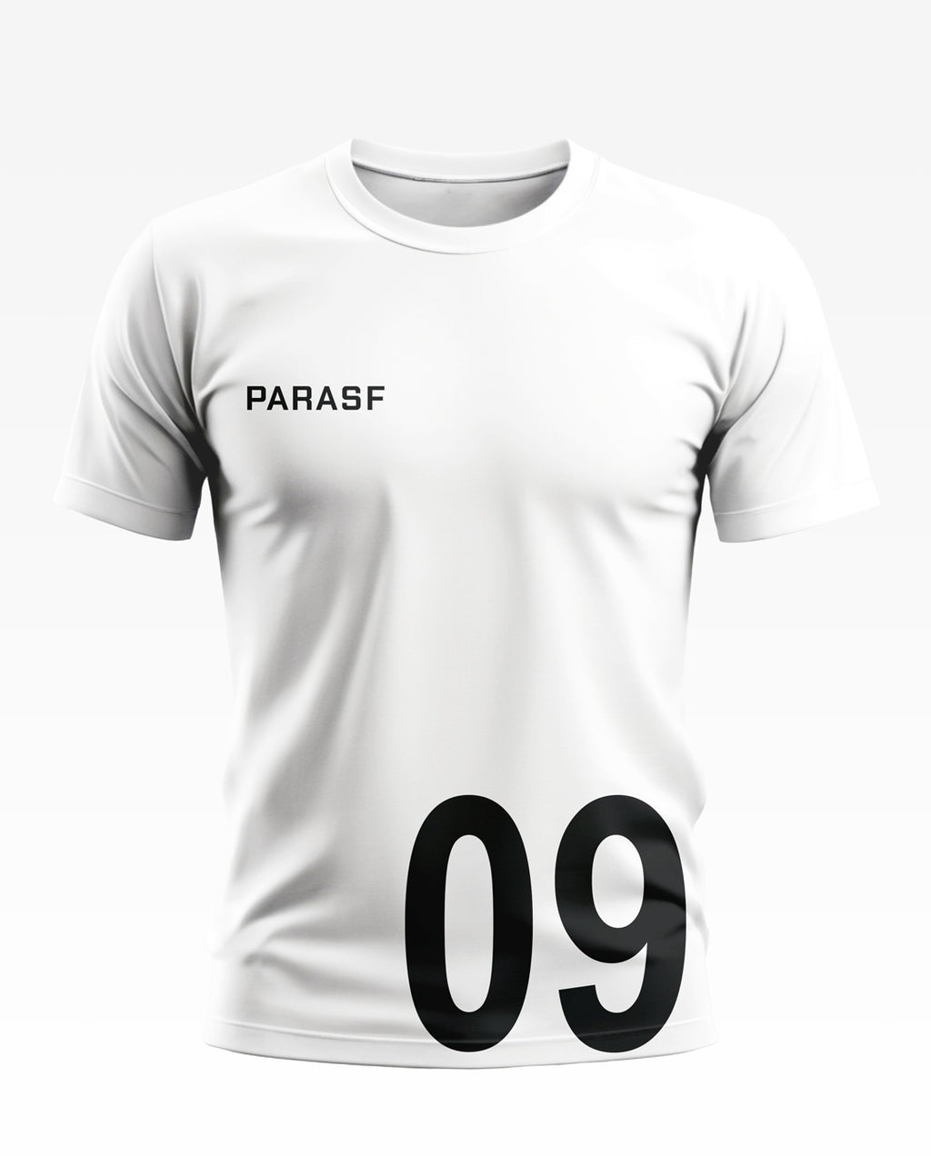 White men's t-shirt with PARASF text and large number 09 on front, athletic style