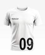 White men's t-shirt with PARASF text and large number 09 on front, athletic style