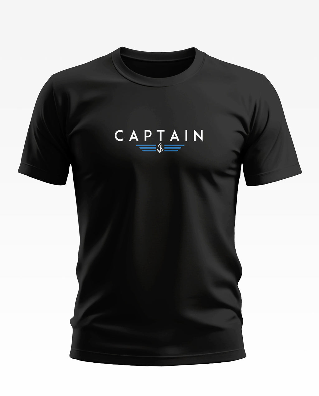 Black men's t-shirt with 'CAPTAIN' text and anchor wings graphic on front