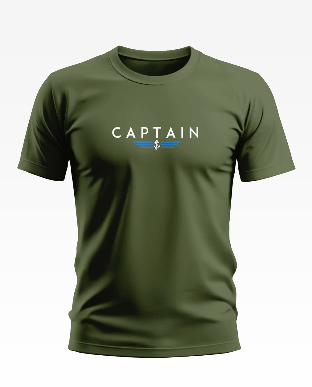 Olive green men's t-shirt with CAPTAIN text and anchor graphic on chest.