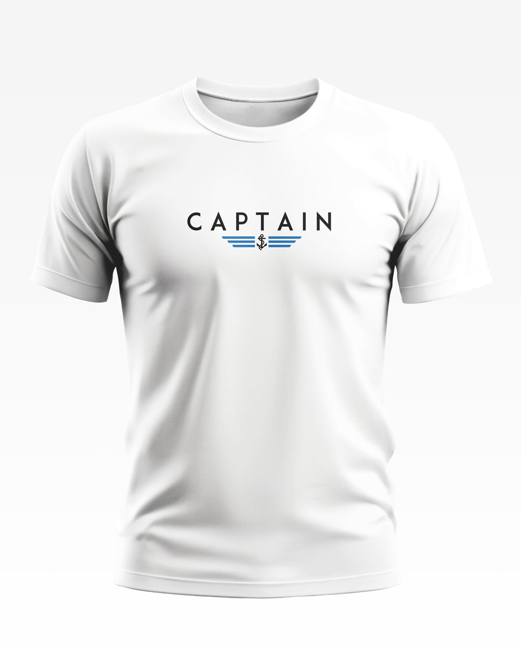 White men's t-shirt with CAPTAIN text and anchor logo, front view, military inspired fashion