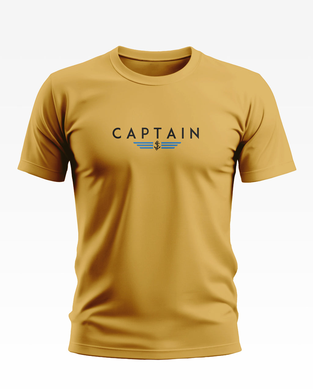 Yellow men's t-shirt with 'Captain' text and anchor graphic on chest, army-inspired style