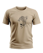 Beige men’s t-shirt with black leopard face graphic, short sleeves, crew neck