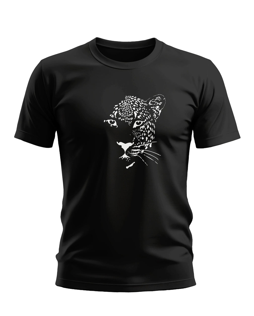Black men's t-shirt with white leopard face graphic, casual short sleeve design
