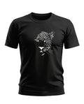 Black men's t-shirt with white leopard face graphic, casual short sleeve design