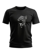 Black men's t-shirt with white leopard face graphic, casual short sleeve design