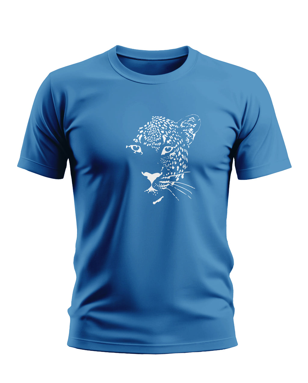 Blue men's t-shirt with white jaguar face graphic, short sleeves, casual army style