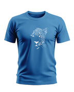 Blue men's t-shirt with white jaguar face graphic, short sleeves, casual army style