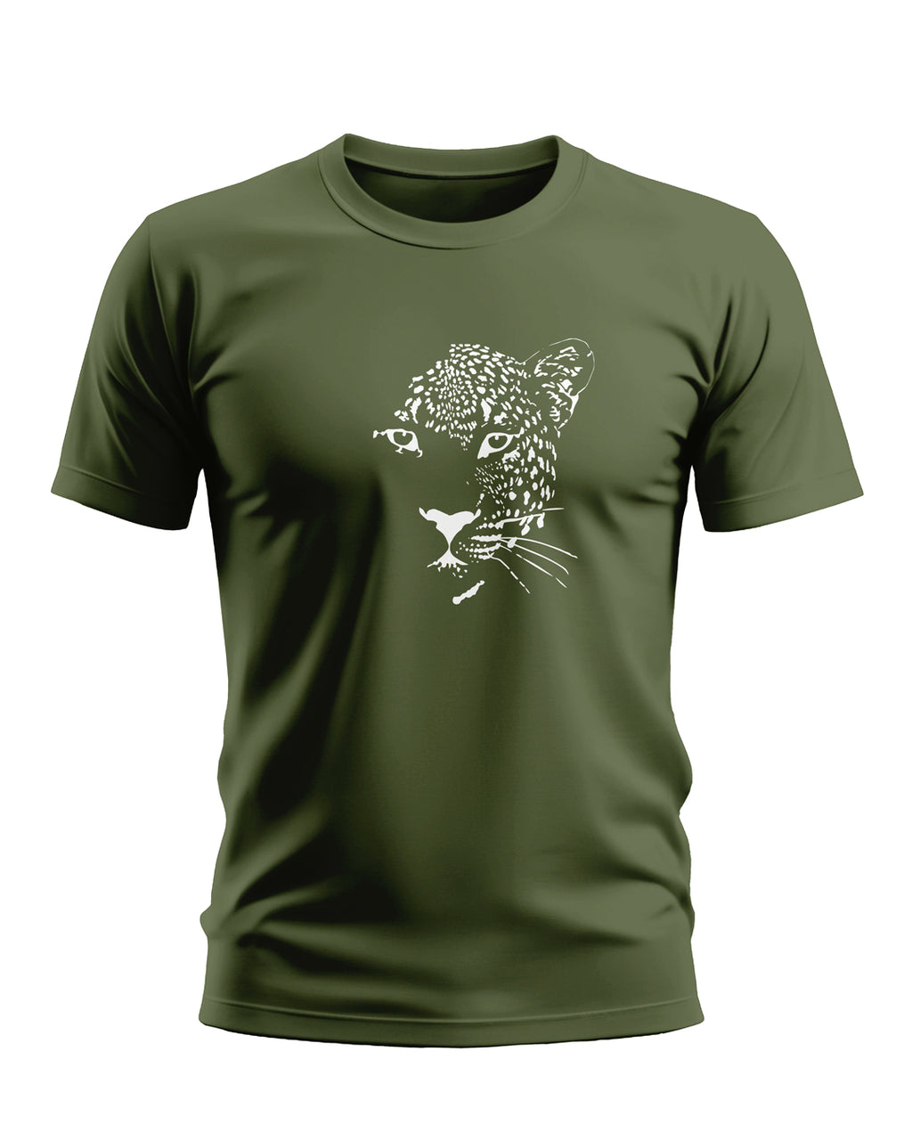 Olive green men's t-shirt featuring a white graphic leopard face print, short sleeves