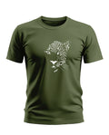 Olive green men's t-shirt featuring a white graphic leopard face print, short sleeves