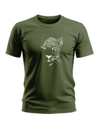 Olive green men's t-shirt featuring a white graphic leopard face print, short sleeves