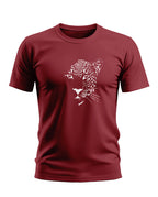 Maroon men's t-shirt with white leopard face graphic, short sleeves, crew neck