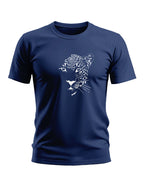 Navy blue men's t-shirt with white graphic leopard face print on front