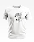 White men's t-shirt with black leopard face graphic, crew neck, short sleeves, casual style