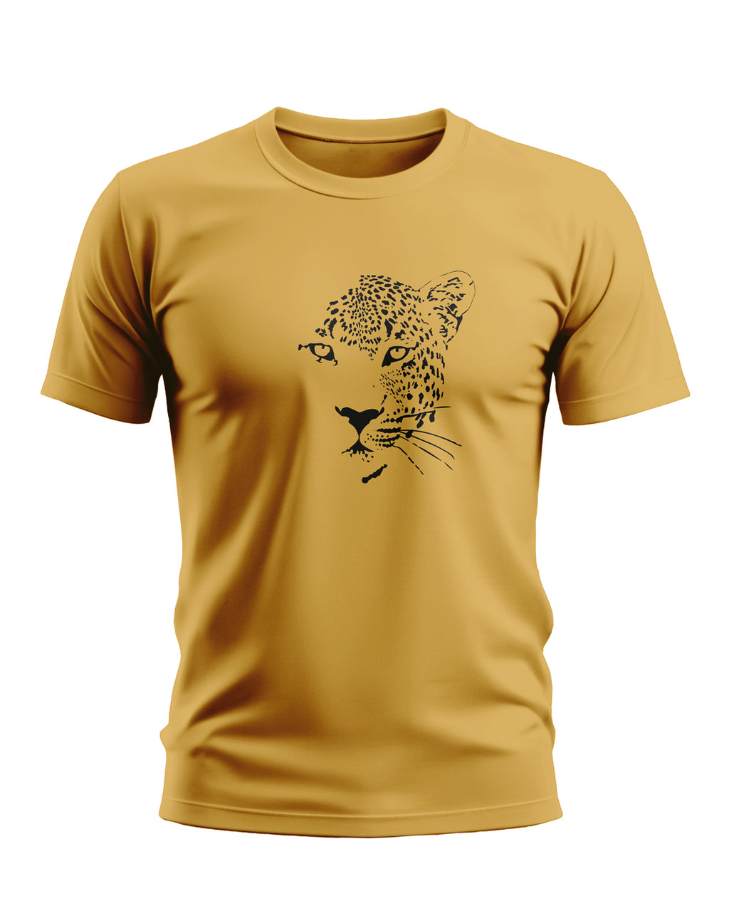 Yellow men's t-shirt with black leopard face graphic, casual crew neck style