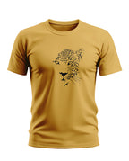 Yellow men's t-shirt with black leopard face graphic, casual crew neck style