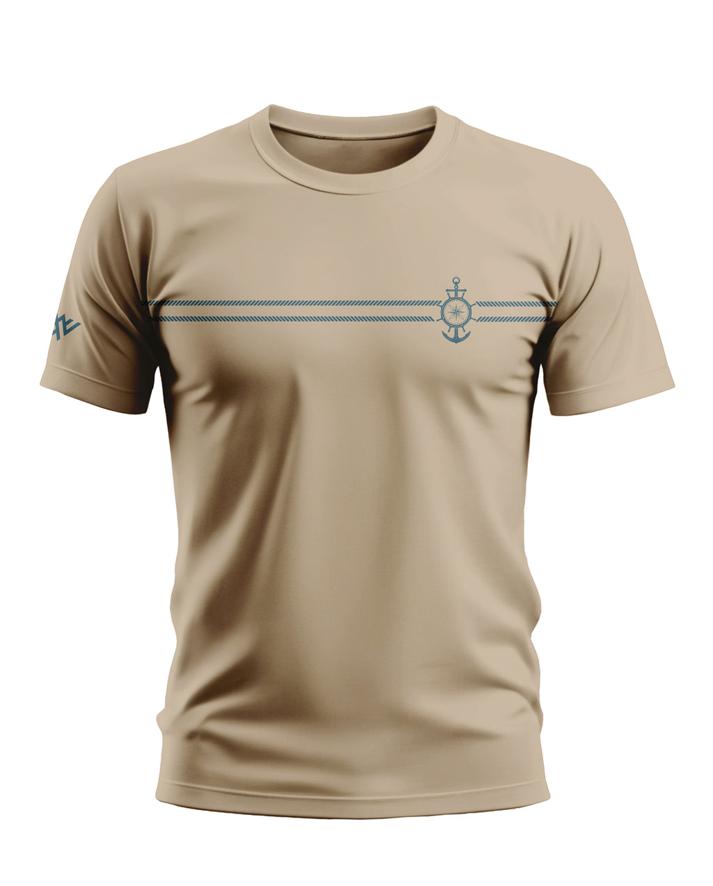 Beige men's t-shirt with navy anchor and rope graphic on chest, short sleeves, crew neck
