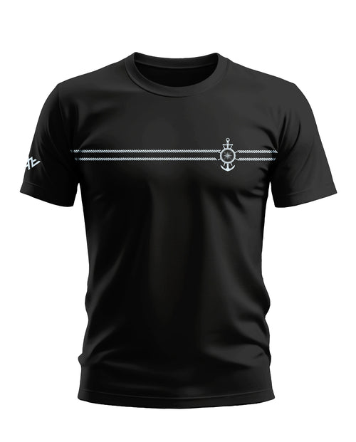 Black men's t-shirt with white nautical anchor graphic and rope detail across chest