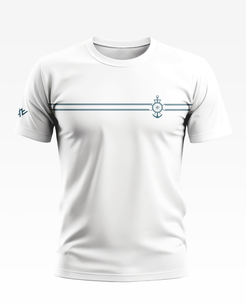 White men's T-shirt with navy nautical anchor graphic and rope detail across the chest