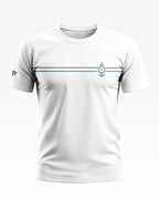 White men's T-shirt with navy nautical anchor graphic and rope detail across the chest
